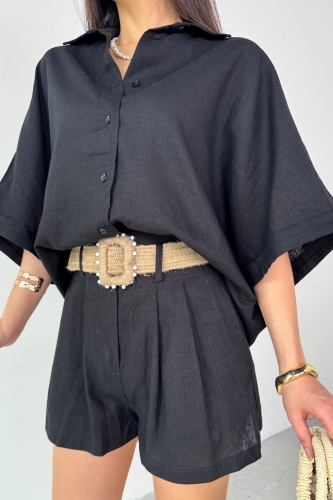 Cappmoda - TKM-51036 Siyah Gömlek Hasır Kemerli Şort İkili Takım (1)