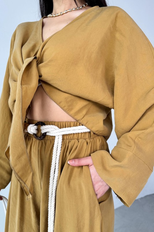 TKM-51140 Hardal Önden Bağlamalı Bluz Kemerli Şalvar Pantolon İkili Takım