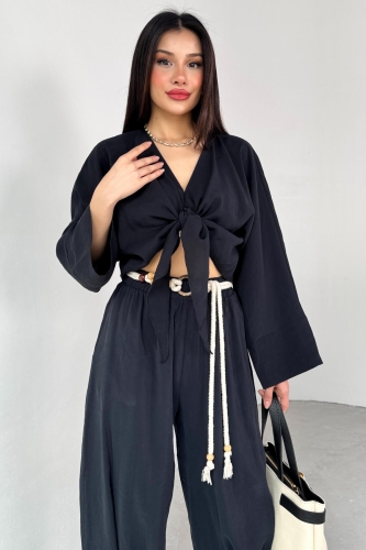 Cappmoda - TKM-51140 Siyah Önden Bağlamalı Bluz Kemerli Şalvar Pantolon İkili Takım (1)