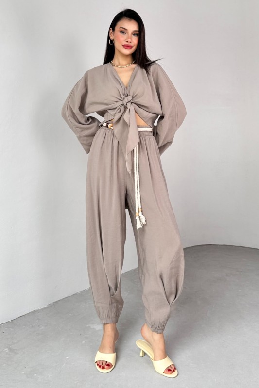 TKM-51140 Vizon Önden Bağlamalı Bluz Kemerli Şalvar Pantolon İkili Takım