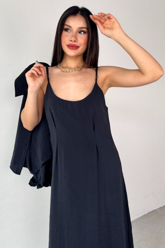 Cappmoda - TKM-51153 Siyah Askılı Elbise Gömlek İkili Takım (1)