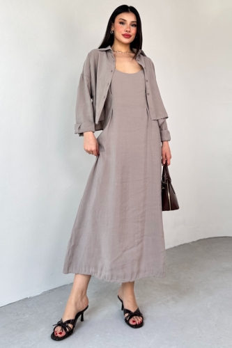 Cappmoda - TKM-51153 Vizon Askılı Elbise Gömlek İkili Takım (1)