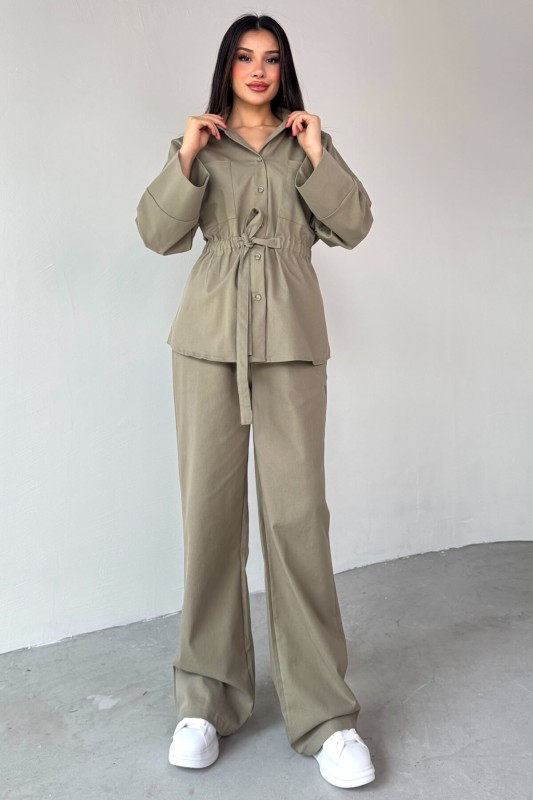 TKM-7206 Haki Bel Kuşaklı Gömlek Bol Paça Pantolon İkili Takım