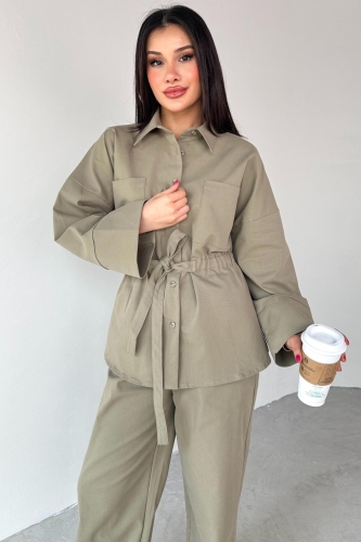 Cappmoda - TKM-7206 Haki Bel Kuşaklı Gömlek Bol Paça Pantolon İkili Takım (1)