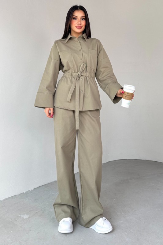 TKM-7206 Haki Bel Kuşaklı Gömlek Bol Paça Pantolon İkili Takım