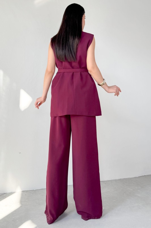 TKM-9413 Bordo Klapa Yaka Çift Düğmeli Yelek Salaş Pantolon İkili Takım