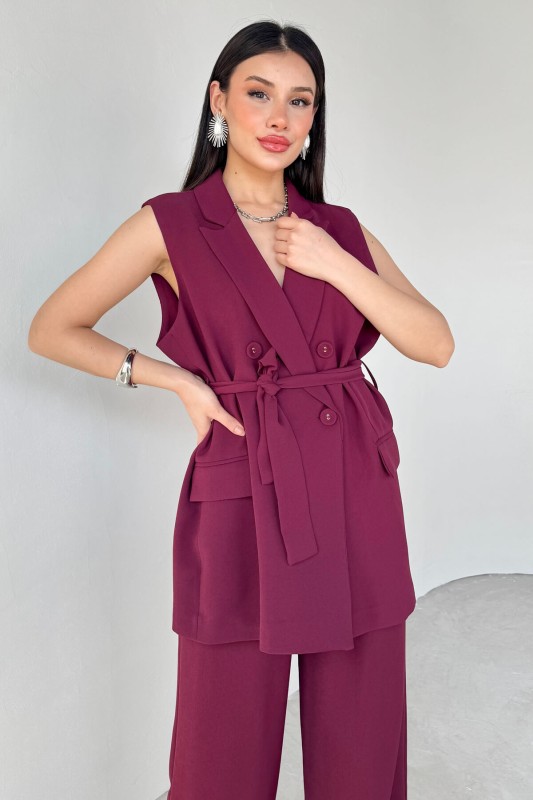 TKM-9413 Bordo Klapa Yaka Çift Düğmeli Yelek Salaş Pantolon İkili Takım