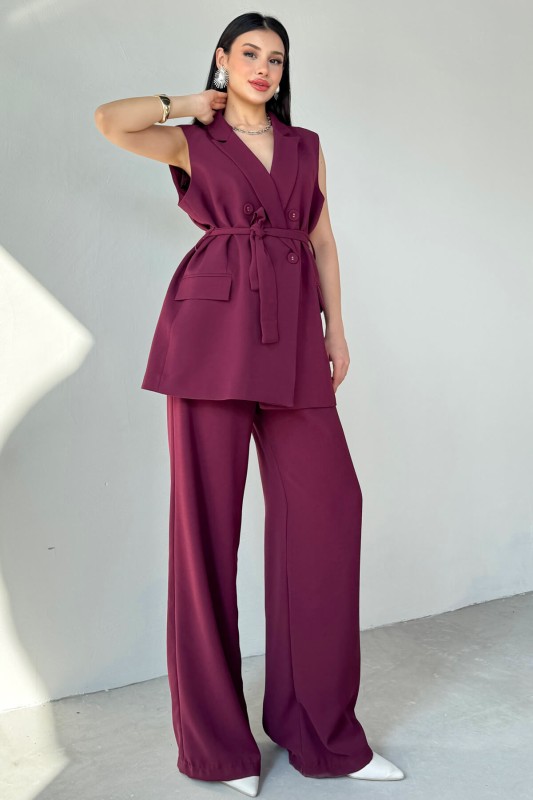 TKM-9413 Bordo Klapa Yaka Çift Düğmeli Yelek Salaş Pantolon İkili Takım