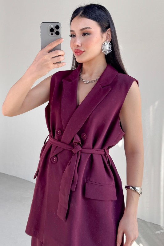 TKM-9413 Bordo Klapa Yaka Çift Düğmeli Yelek Salaş Pantolon İkili Takım