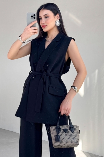 Cappmoda - TKM-9413 Siyah Klapa Yaka Çift Düğmeli Yelek Salaş Pantolon İkili Takım (1)