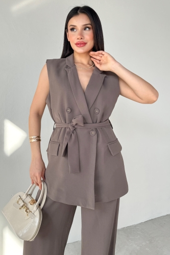 Cappmoda - TKM-9413 Vizon Klapa Yaka Çift Düğmeli Yelek Salaş Pantolon İkili Takım (1)