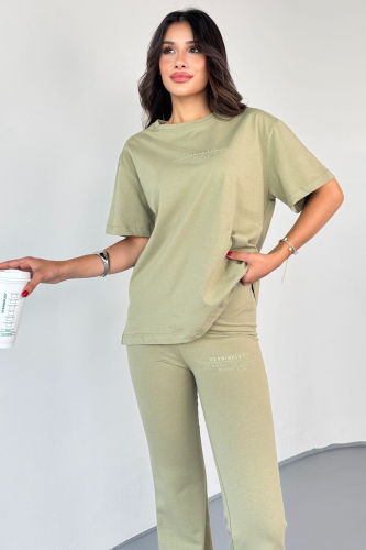 TKM0040 Küf Yeşili Meaningless Kabartma Yazı Baskılı Tshirt İspanyol Paça Pantolon Supreme Kumaş İkili Takım - 2