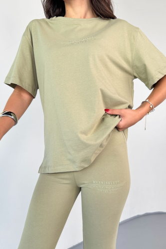 TKM0040 Küf Yeşili Meaningless Kabartma Yazı Baskılı Tshirt İspanyol Paça Pantolon Supreme Kumaş İkili Takım - 9