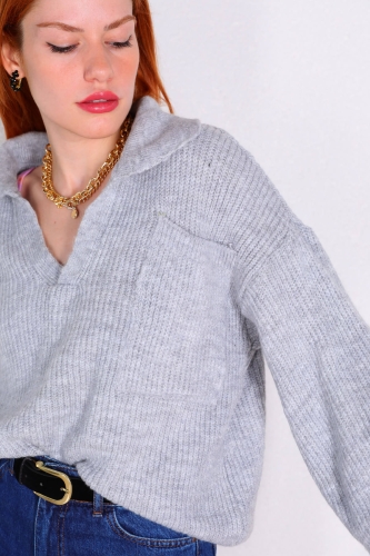 Cappmoda - TRK-05291 Gri Polo Yaka Cep Detaylı Örme Salaş Triko Bluz (1)