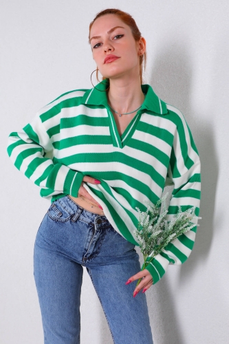 Cappmoda - TRK-05295 Yeşil Beyaz Şeritli Polo Yaka Triko Bluz (1)