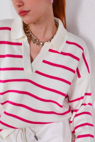 Cappmoda - TRK-05297 Pembe Şeritli Polo V Yaka Mevsimlik Triko (1)