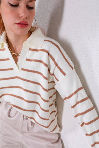 Cappmoda - TRK-05297 Vizon Şeritli Polo V Yaka Mevsimlik Triko (1)