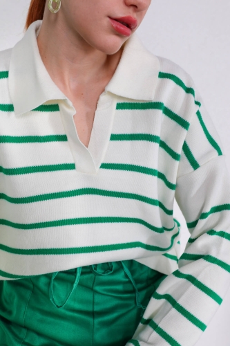 Cappmoda - TRK-05297 Yeşil Şeritli Polo V Yaka Mevsimlik Triko (1)