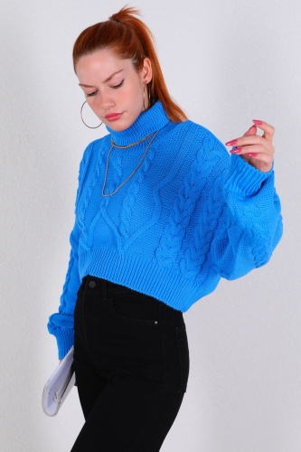 Cappmoda - TRK-05299 Mavi Örgü Desenli Balıkçı Yaka Crop Triko Kazak (1)