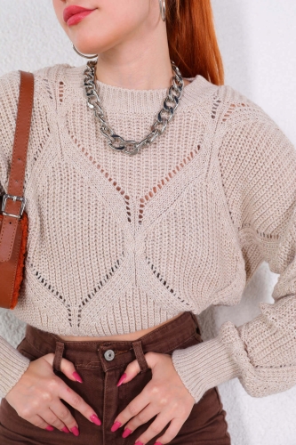 Cappmoda - TRK-05302 Taş Rengi Tasarım Desenli Bisiklet Yaka Kazak (1)