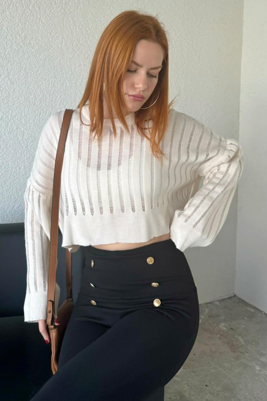 TRK-05305 Krem Transparan Detaylı Crop Triko Bluz