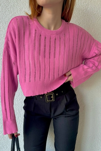 Cappmoda - TRK-05305 Pembe Transparan Detaylı Crop Triko Bluz (1)