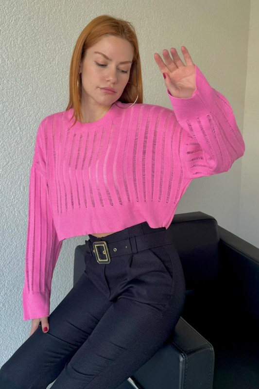 TRK-05305 Pembe Transparan Detaylı Crop Triko Bluz