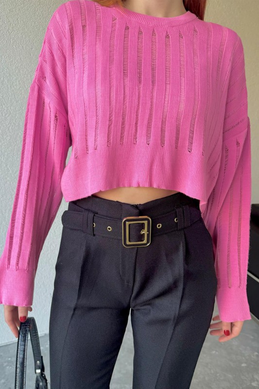 TRK-05305 Pembe Transparan Detaylı Crop Triko Bluz