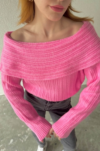 Cappmoda - TRK-05306 Pembe Şal Yaka Salaş Crop Triko Bluz (1)