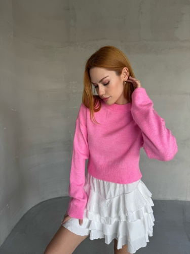 TRK-4429 Pembe Bisiklet Yaka Uzun Kol Örme Triko Bluz - Cappmoda