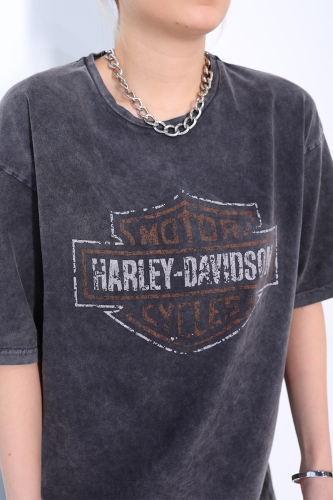 Cappmoda - TSR-04137 Füme Harley Baskılı Yıkama Kumaş Salaş Tişört (1)