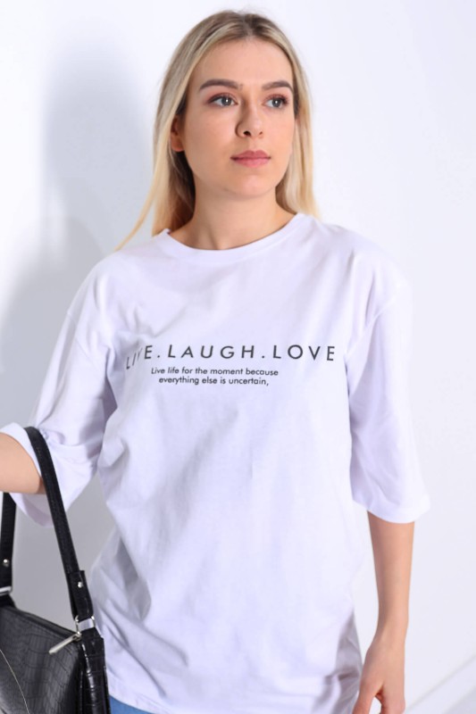 TSR-04142 Beyaz Live Laugh Love Yazı Baskılı Salaş Tişört