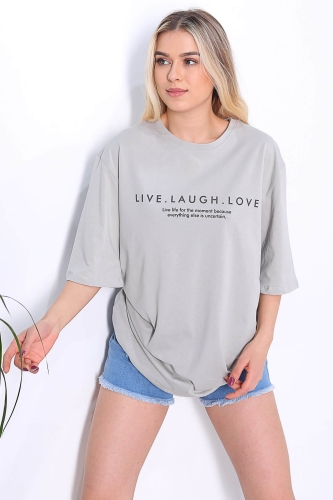 TSR-04142 Boyama Gri Live Laugh Love Yazı Baskılı Salaş Tişört - Thumbnail