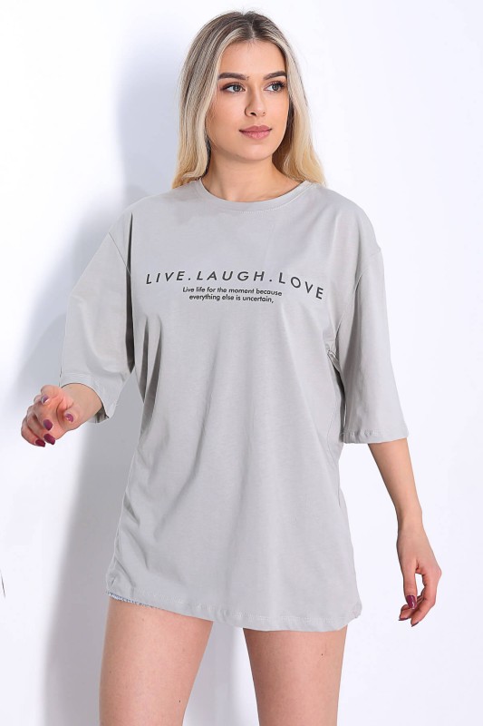 TSR-04142 Boyama Gri Live Laugh Love Yazı Baskılı Salaş Tişört