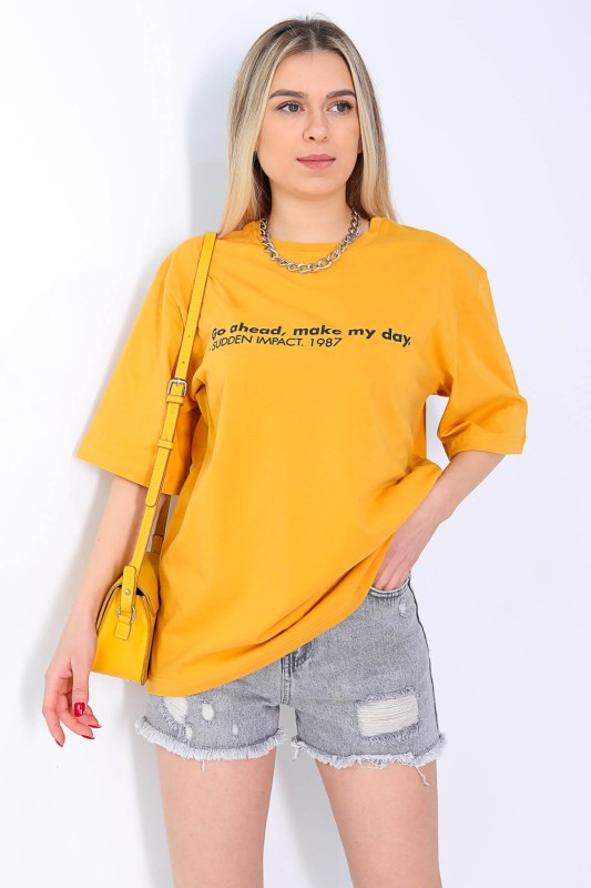 TSR-04144 Sarı Go Ahead Yazı Baskılı Salaş Tişört