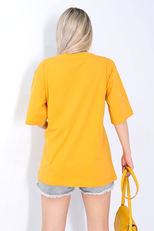 TSR-04144 Sarı Go Ahead Yazı Baskılı Salaş Tişört