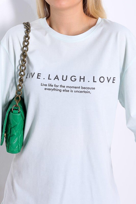 TSR-04142 Su Yeşili Live Laugh Love Yazı Baskılı Salaş Tişört