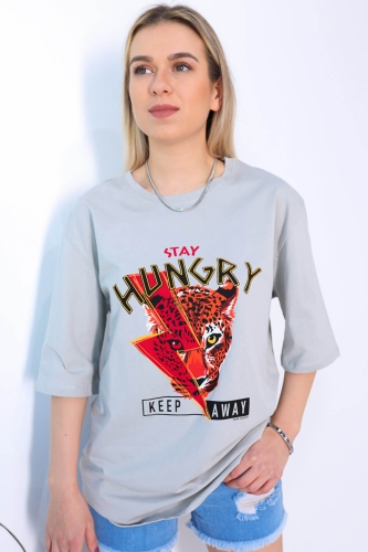 Cappmoda - TSR-04145 Gri Stay Hungry Baskılı Salaş Tişört (1)