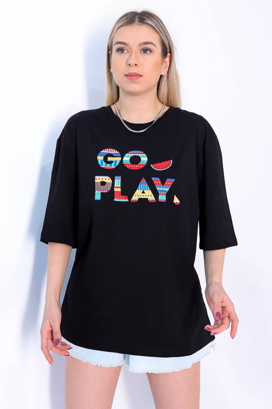 TSR-04148 Siyah Go Play Yazı Nakışlı Salaş Tişört