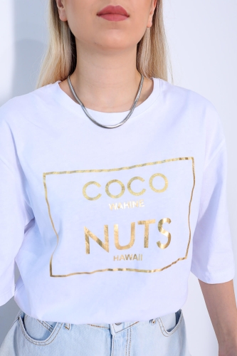 Cappmoda - TSR-04149 Beyaz Coco Nuts Altın Yaldız Baskılı Salaş Tişört (1)