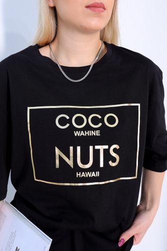 Cappmoda - TSR-04149 Siyah Coco Nuts Altın Yaldız Baskılı Salaş Tişört (1)