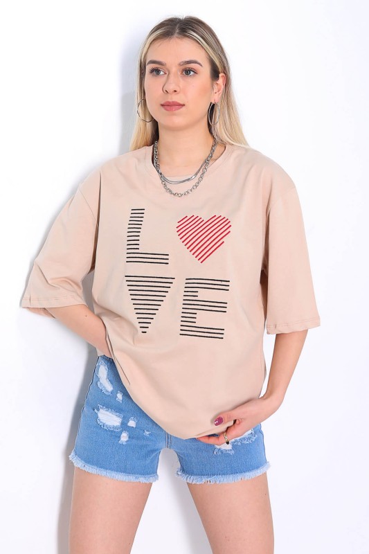 TSR-04154 Vizon Çizgili Love İşlemeli Salaş Tişört