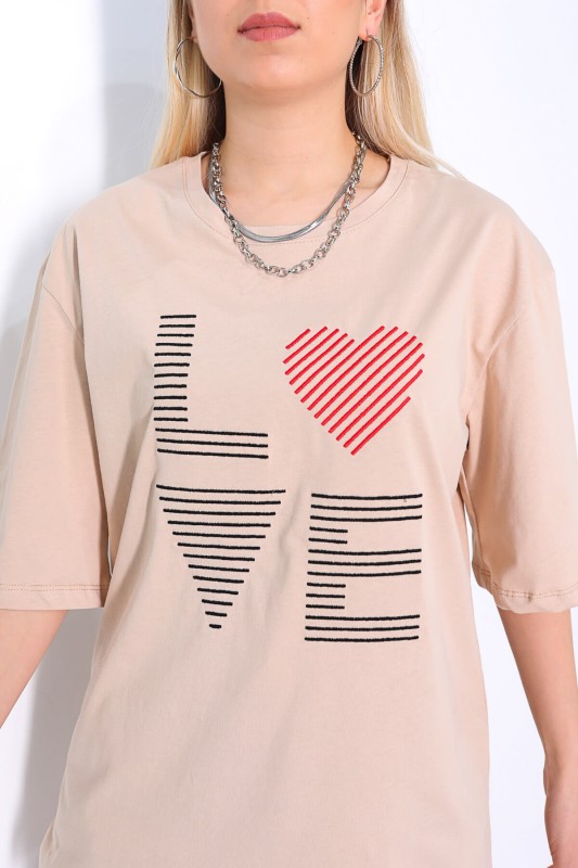 TSR-04154 Vizon Çizgili Love İşlemeli Salaş Tişört