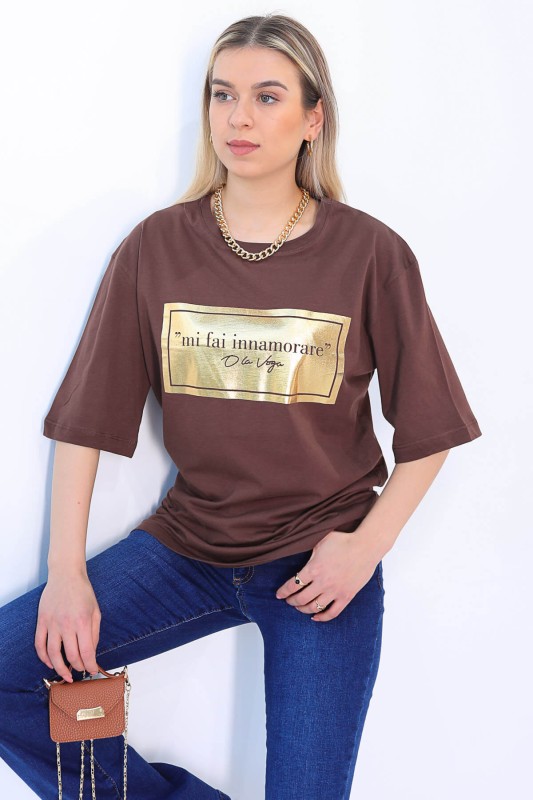 TSR-04156 Kahverengi Mi Fai İnnamorare Yazı Yaldız Baskılı Salaş Tişört
