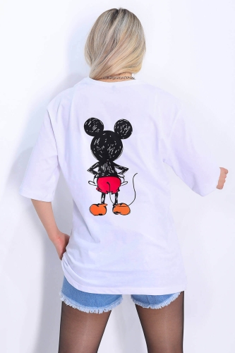 TSR-04163 Beyaz Mickey Mouse Arka Ön Baskılı Salaş Tişört - Thumbnail