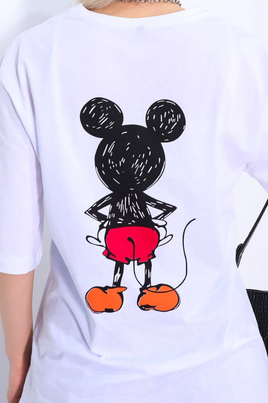 TSR-04163 Beyaz Mickey Mouse Arka Ön Baskılı Salaş Tişört