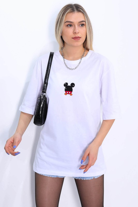 TSR-04163 Beyaz Mickey Mouse Arka Ön Baskılı Salaş Tişört
