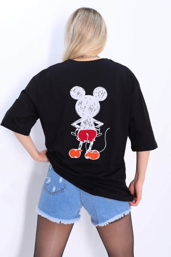 TSR-04163 Siyah Mickey Mouse Arka Ön Baskılı Salaş Tişört - Thumbnail