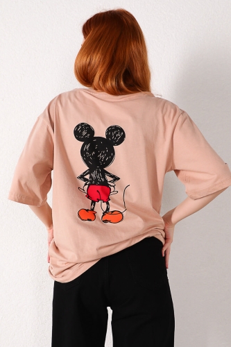 TSR-04163 Vizon Mickey Mouse Arka Ön Baskılı Salaş Tişört - Thumbnail