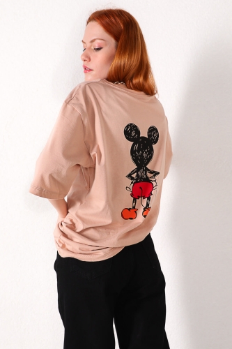 TSR-04163 Vizon Mickey Mouse Arka Ön Baskılı Salaş Tişört - Thumbnail